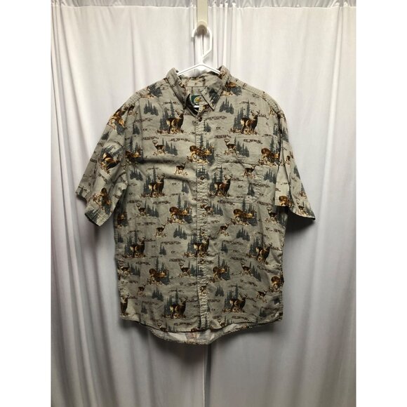 Cabelas Shirt Mens Large Tall Short Sleeve Buttons All Over Wildlife Deer Print - Picture 1 of 6